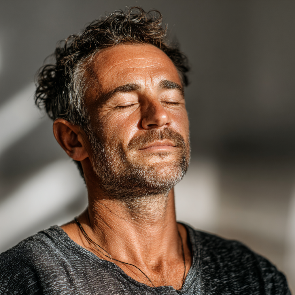 Confident man in his mid-40s practicing yoga meditation pose in a bright modern studio, demonstrating inner peace and focus with closed eyes and balanced posture