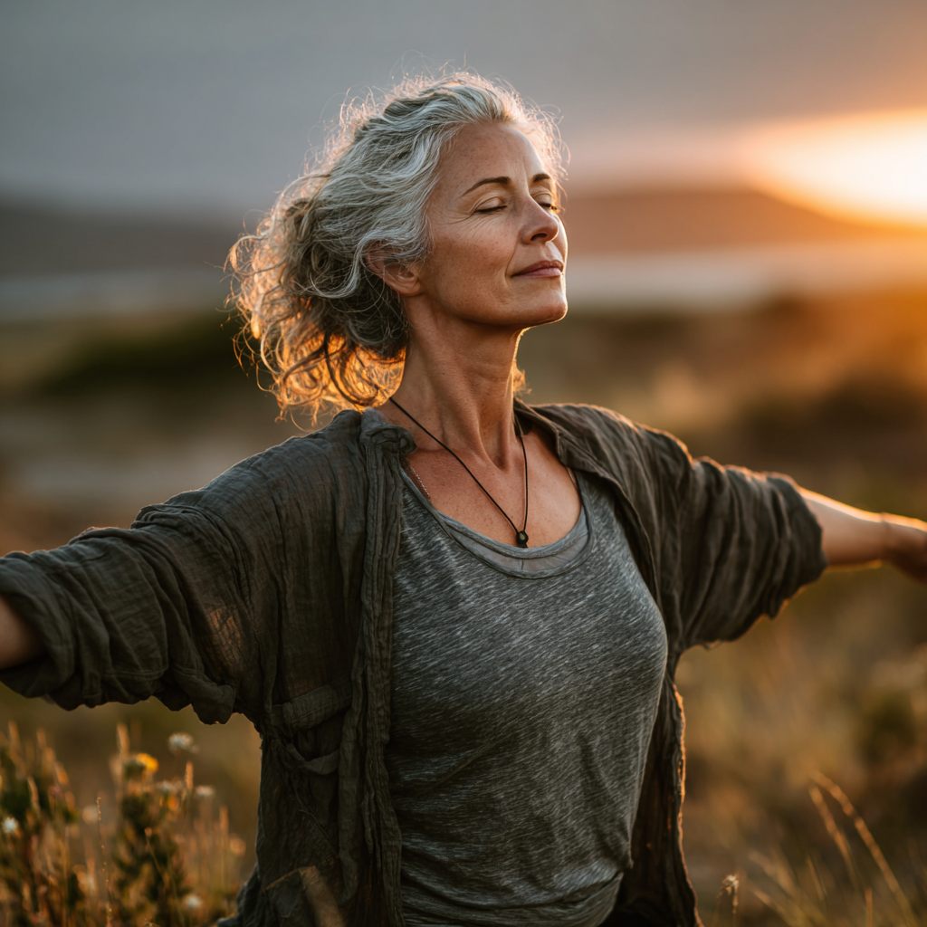 Peaceful middle-aged woman in her early 50s practicing yoga in a serene outdoor setting, demonstrating balance and mindfulness in warrior pose